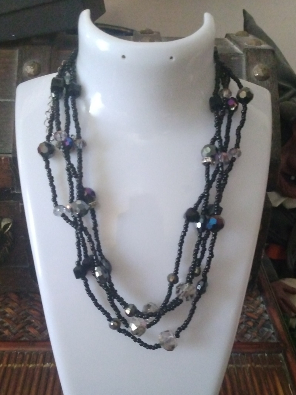 Layered Beaded Statement Necklace in Black & Silver
